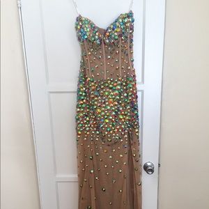 SHERRI HILL Nude/Aqua Strapless Crystal Gown